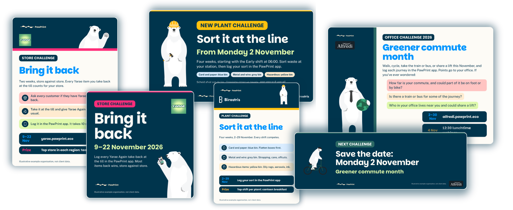 Challenge posters and screens built for three example organisations